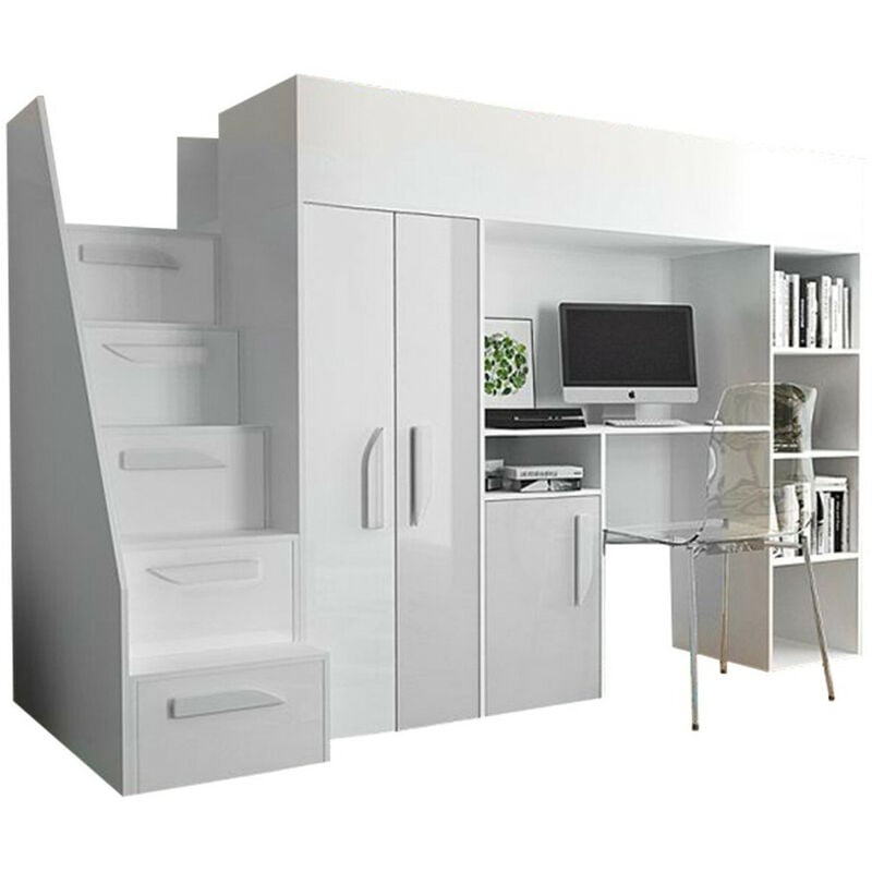 Mobilier1 - Lit haut Hartford 192, Blanc + Blanc brillant, Unique, 90x200, Stratifié, Sommier à lattes, 120x247x166cm