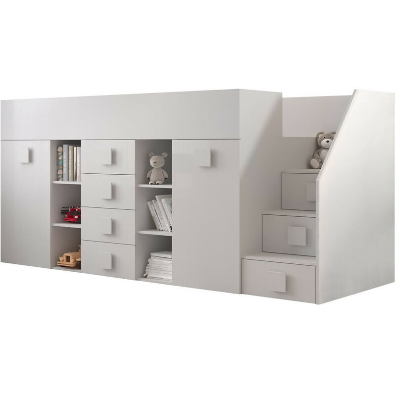 Mobilier1 - Lit haut Hartford 366, Blanc + Blanc brillant, Unique, 90x200, Stratifié, Sommier à lattes, 94x249x124cm