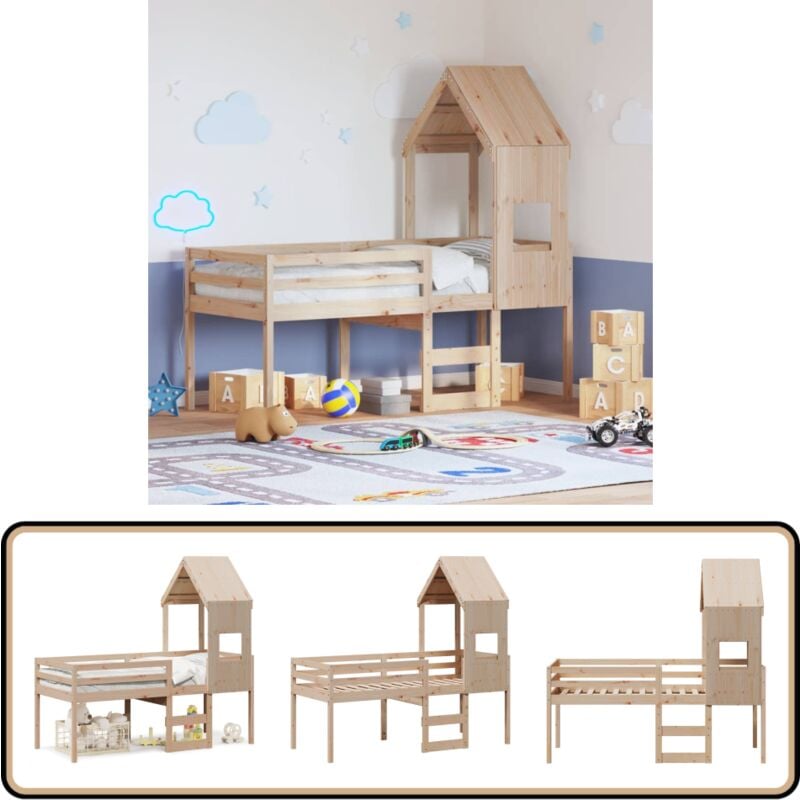 Lit haut sans matelas 75x190 cm bois de pin massif - Lit Enfant - Lit Surélevé - Lit Cabane - Lit Design - Lit Bois