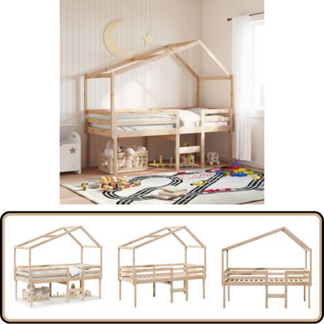 Lit haut sans matelas 90x190 cm bois de pin massif - Lit Enfant - Lit Surélevé - Lit Cabane - Lit Plateforme - Meuble Rangement