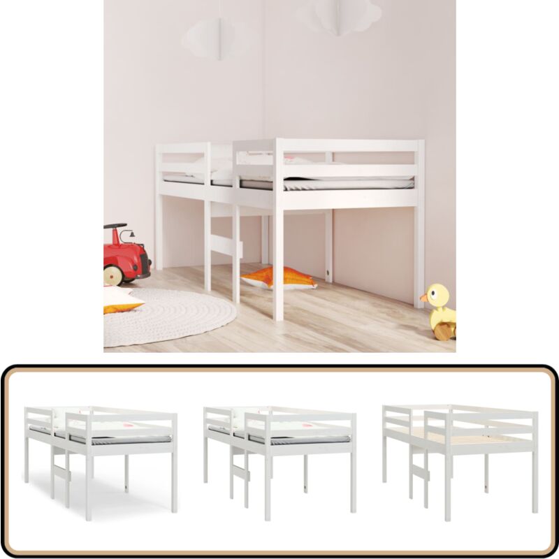 Lit haut sans matelas blanc 80x200 cm bois de pin massif - Lit Enfant - Lit Mezzanine - Lit Superposé - Lit Double Hauteur - Lit Plateforme