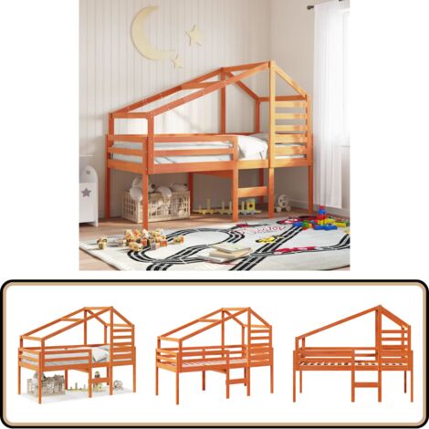 Lit haut sans matelas cire marron 90x190 cm bois de pin massif - Lit Enfant - Lit Surélevé - Lit Cabane - Lit Design - Lit Bois Pin