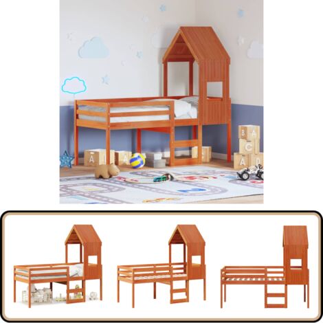 Lit haut sans matelas cire marron 90x190 cm bois de pin massif - Lit Enfant - Lit Surélevé - Lit Cabane - Lit Design - Lit Bois Pin