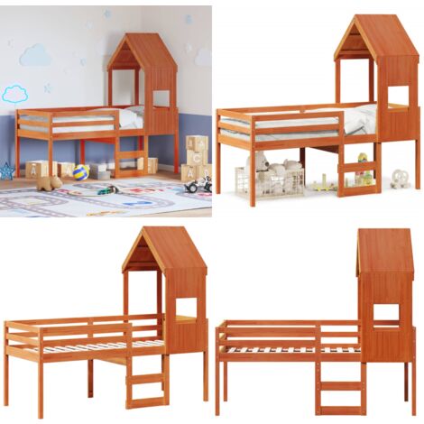 Lit haut sans matelas cire marron 90x190 cm bois de pin massif - Lit Enfant - Lit Surélevé - Lit Cabane - Lit Design - Lit Bois Pin - Home & Living