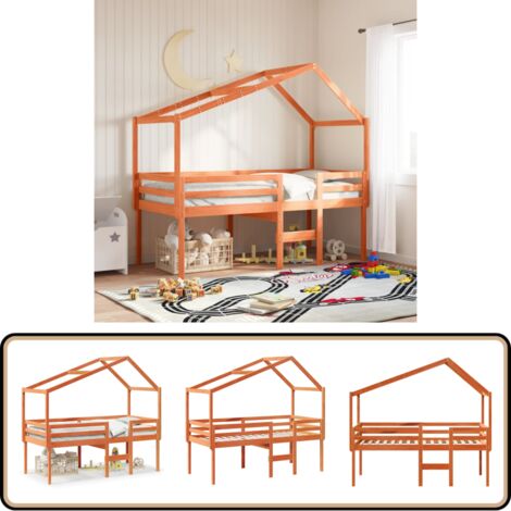 Lit haut sans matelas cire marron 90x190 cm bois de pin massif - Lit Enfant - Lit Surélevé - Lit Cabane - Lit Plateforme - Meuble Rangement