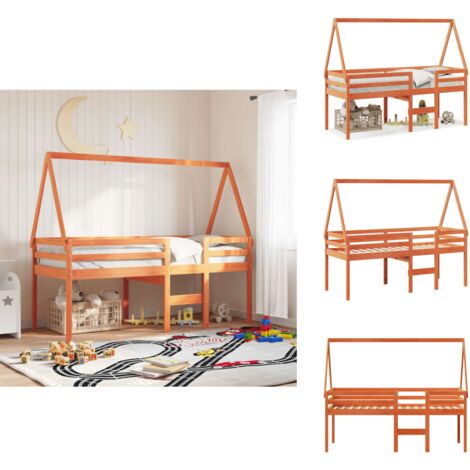 Lit haut sans matelas cire marron 90x190 cm bois de pin massif - Lit Enfant - Lit Surélevé - Lit Cabane - Lit Plateforme - Meuble Rangement