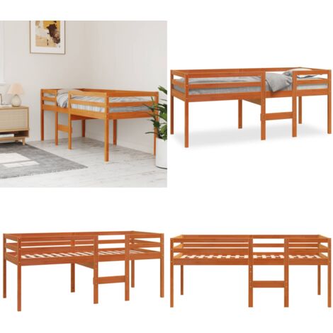Lit haut sans matelas cire marron 90x200 cm bois massif - Lit Mezzanine - Lit Superposé - Lit Enfant - Lit Bois Massif - Lit Brun - Home & Living