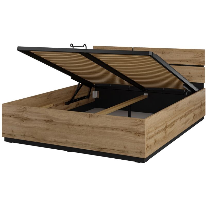 Meublorama - Lit coffre havana 160x200 cm – Chêne et noir – Style moderne et rangement astucieux