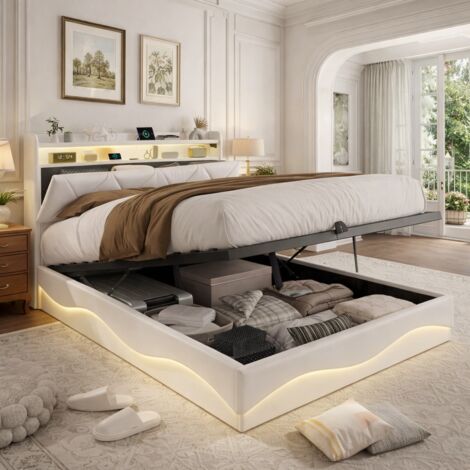 Lit Hydraulique 140x200CM avec Sommier LED et USB Tpye C, Lit Coffre avec Rangement, Lit Double capitonné, 2 Personne,Velours beige