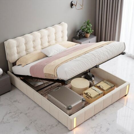Lit hydraulique adulte 140x190 cm avec rangement, Éclairage LED aux tons chauds, velours beige - Lit coffre design français moderne