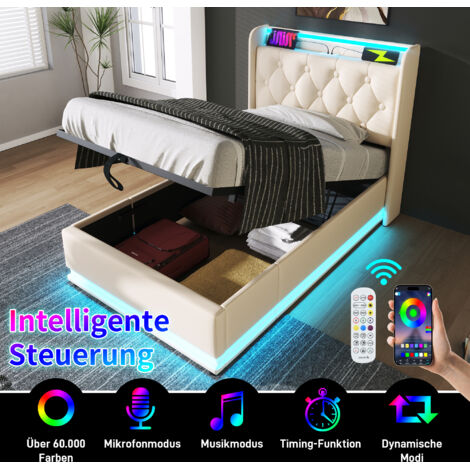 Lit hydraulique adulte ,avec fonction LED surround à 360 degrés, bouton / application / télécommande, PU, Avec fonction de charge USB type - C, blanc-90 200 cm