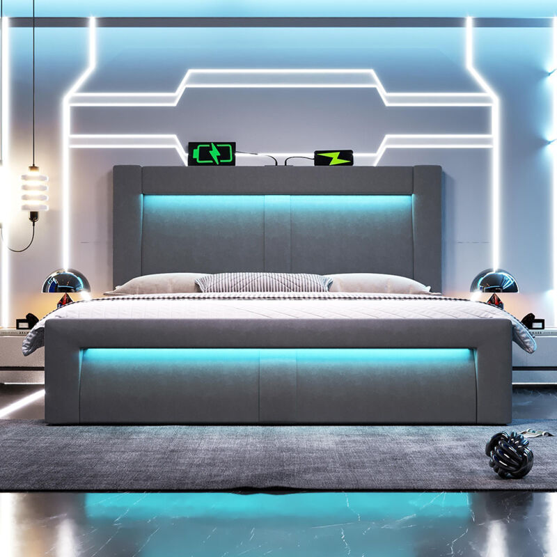 Lit hydraulique avec éclairage LED piloté par application, ports de charge USB et Type-C, velours, gris - 180x200 cm.