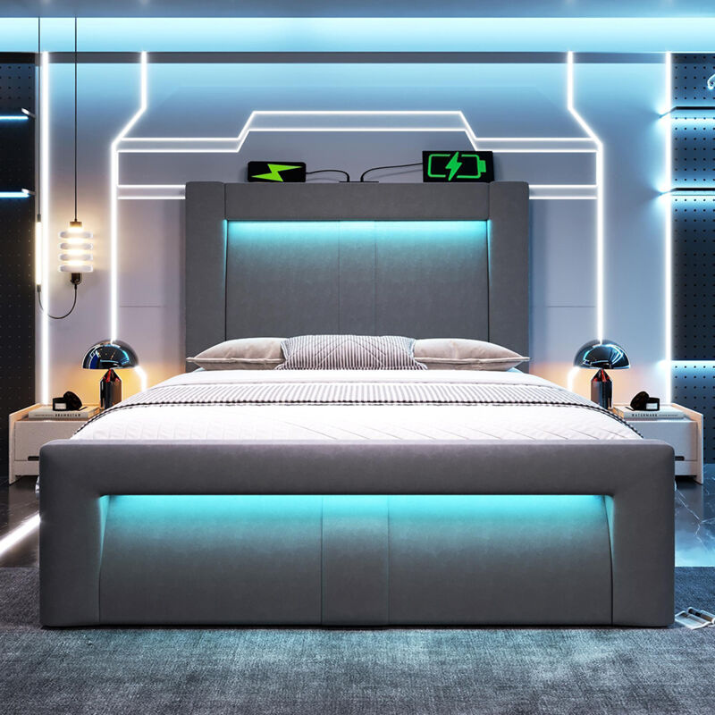 Lit hydraulique avec éclairage LED piloté par application, ports de charge USB et Type-C, velours, gris - 90x200 cm.