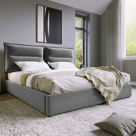 Lit Hydraulique Double - 140 X 200 cm - Tête Réglable - Rangement - Velours - Gris