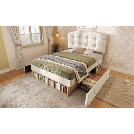 Lit individuel de 90x200 cm. Lit avec oreillers, en tissu velours beige. Pieds du lit incurvés et réglables en hauteur. Le lit est équipé de tiroirs et d’espace de rangement. Lit pour adolescents.