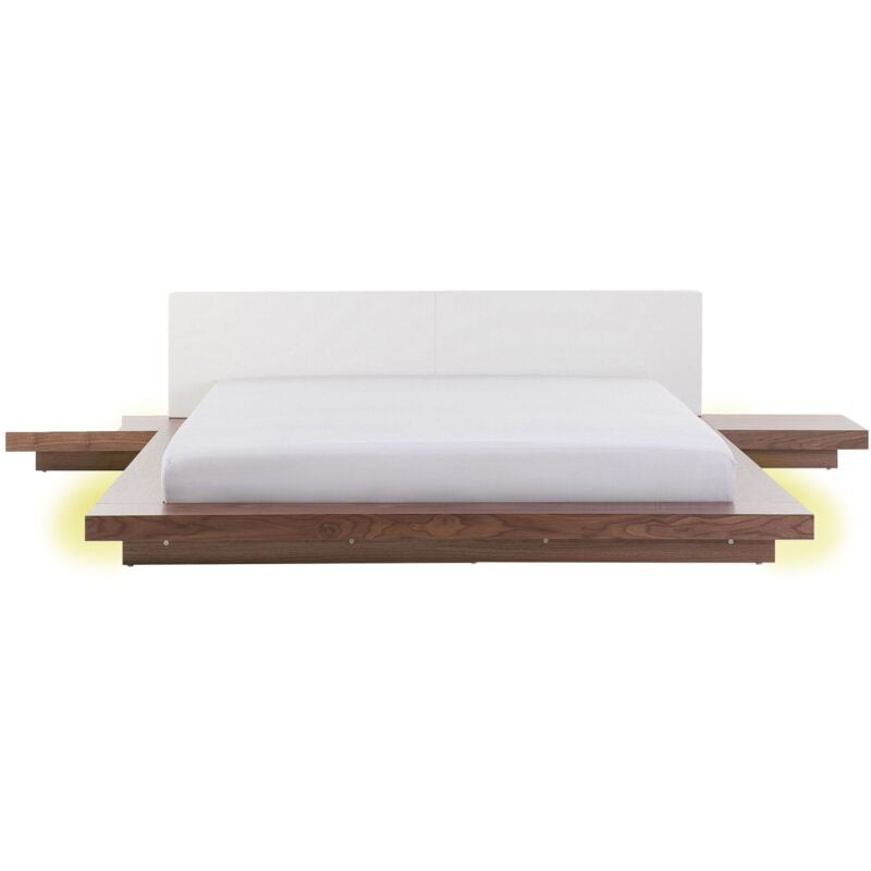 Beliani - Lit Double Japonais 180 x 200 cm en mdf Blanc et Marron à Tables de Chevet et led Zen