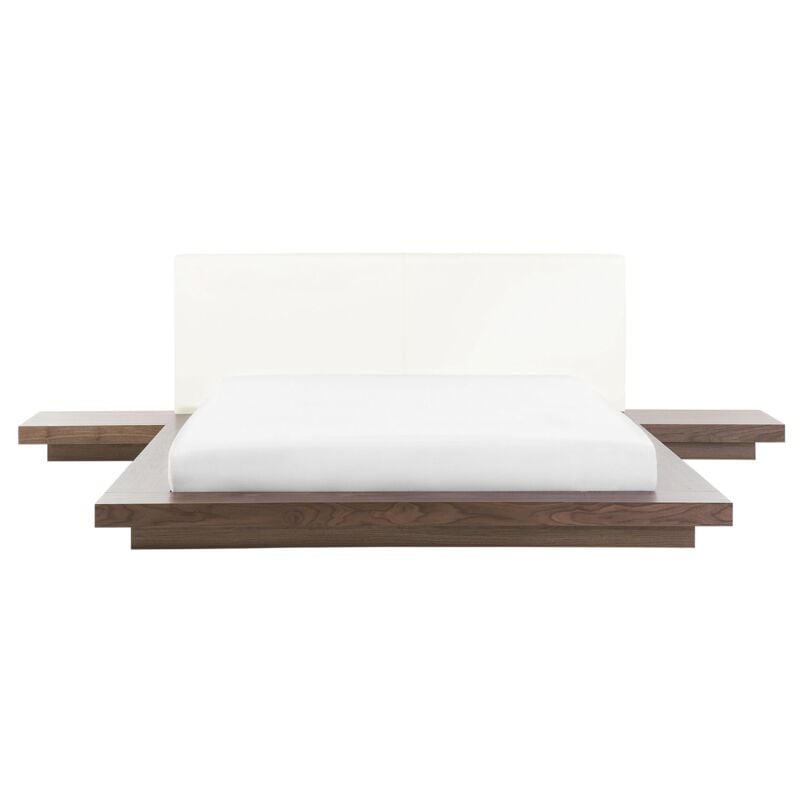 Beliani - Lit Double Japonais 160 x 200 cm en mdf Marron à Tables de Chevet et Cuir pu Zen
