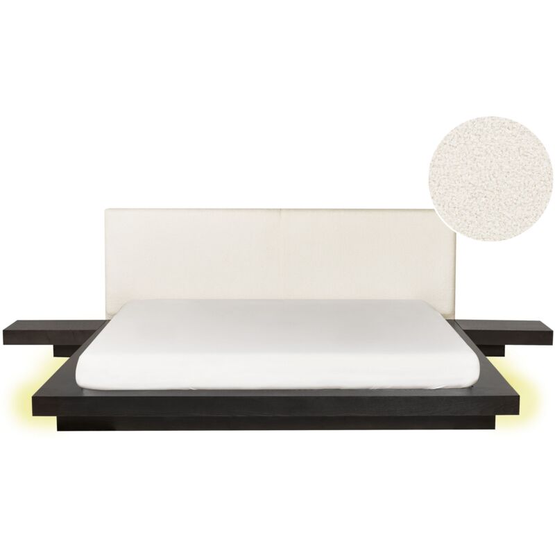 Lit Japonais avec LED Tête de Lit Bouclé et 2 Tables de Nuit 180 x 200 cm Bois Foncé Zen