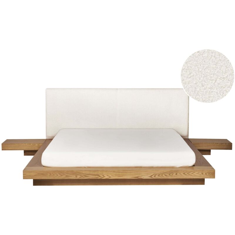 Lit Japonais Tête de Lit Bouclé avec 2 Tables de Nuit 160 x 200 cm Bois de Frêne Naturel Zen