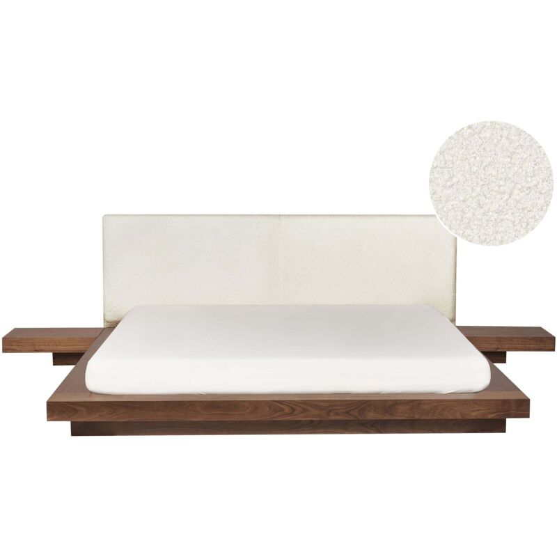 Beliani - Lit Japonais Tête de Lit Bouclé avec 2 Tables de Nuit 180 x 200 cm Marron Zen
