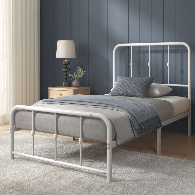 Lit Jules 1 personne - Lit 90x190 cm - Cadre de lit en métal avec tête tête et pied de lit - Hauteur 35.5cm - Lit avec support de lattes en métal