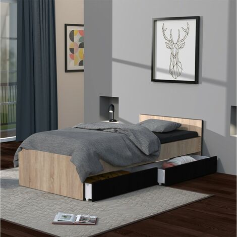 Lit KAPPA 90x190 + 2 tiroirs / Décor Chêne Blanchi et Noir/ L194xl94xH59