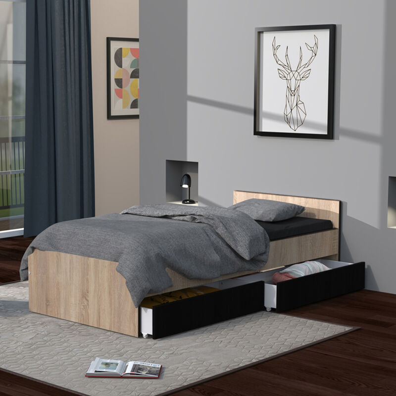 Lit 90x190 tiroirs inclus Orson Bois blanchi et Noir