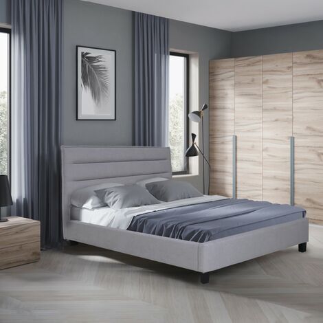 Lit LACANAU 140x190 + sommier / Gris clair/ 205x156x106 cm