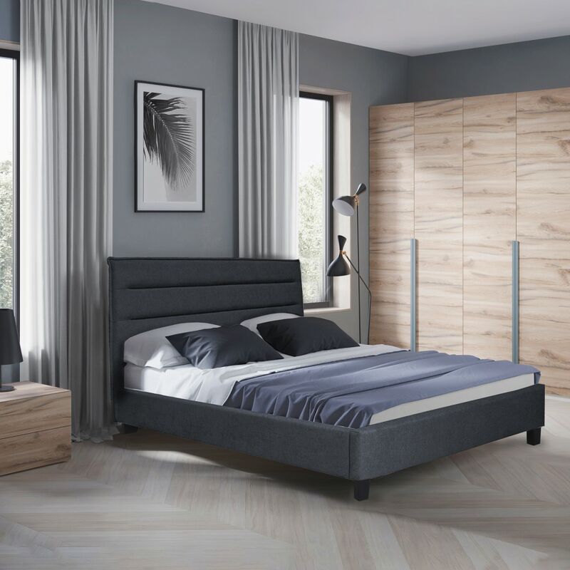Lit LACANAU 140x190 + sommier / Gris foncé/ 205x156x106 cm