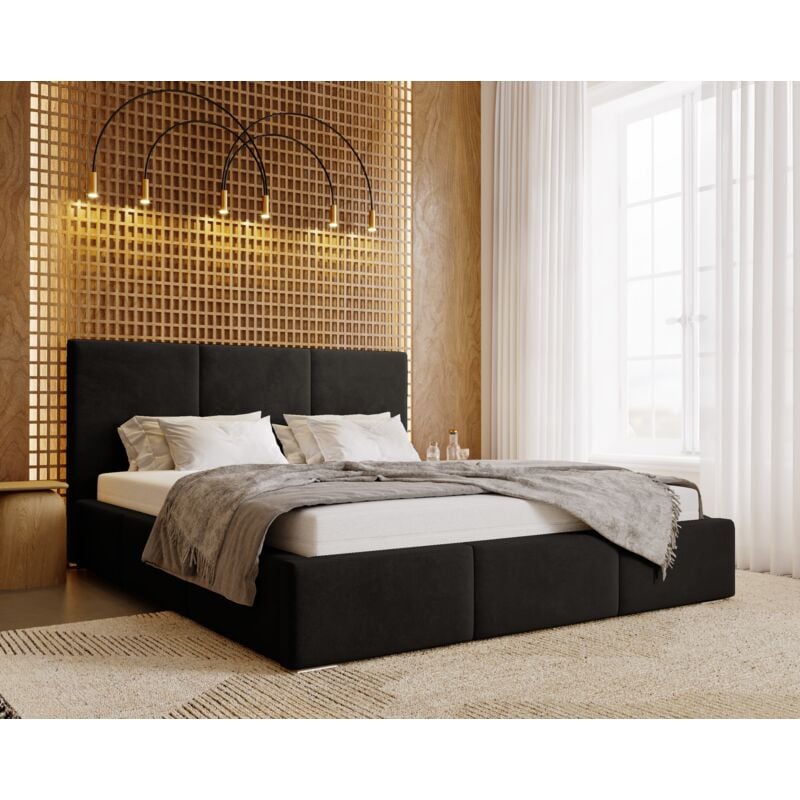 Emporius - Lit double 200x200 cm Lary - Lit adulte avec sommier - Lit Rembourré avec Rangement, Lit coffre - Tissu velours (Noir - Magic Velvet 2219)