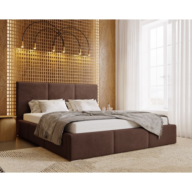 Lit double 140x200 cm Lary - Lit adulte avec sommier - Lit Rembourré avec Rangement, Lit coffre - Tissu velours (Brun - Magic Velvet 2205)