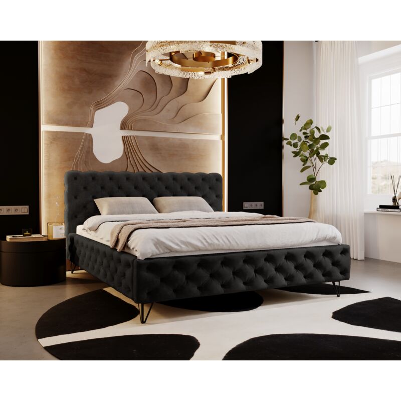 Emporius - Laval Lit double 160x200 - Lit rembourré, sommier à lattes, Lit coffre, Tissu Noir (Kronos 07)