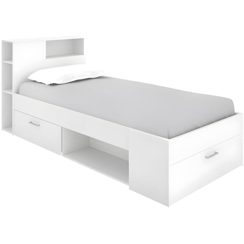 Lit avec tête de lit rangements et tiroir - 90 x 190 cm - Blanc - LEANDRE
