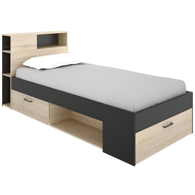 Lit avec tête de lit rangements et tiroir - 90 x 190 cm - Anthracite et naturel - leandre