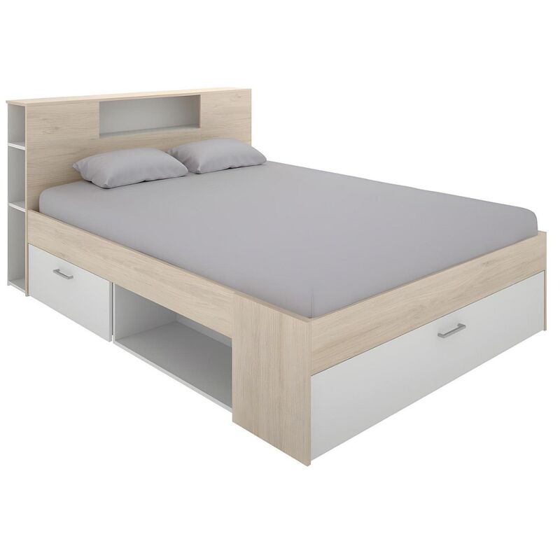 Vente-unique - Lit avec tête de lit rangements et tiroirs - 140 x 190 cm - Coloris : Naturel et blanc - leandre