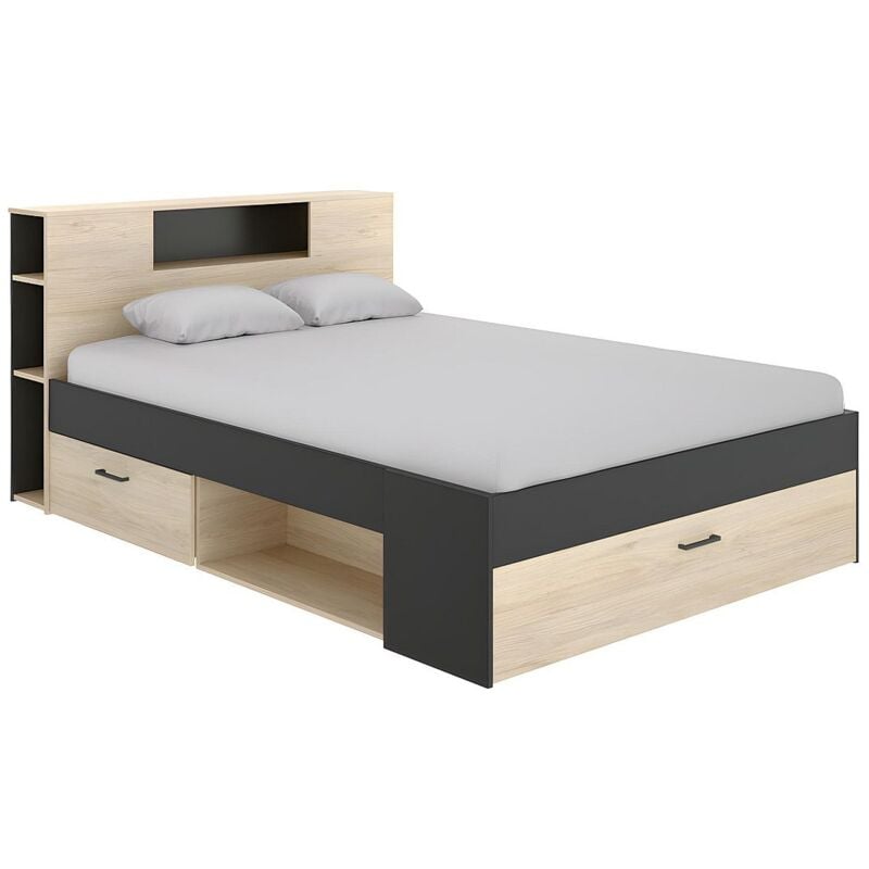 Vente-unique - Lit avec tête de lit rangements et tiroirs - 140 x 190 cm - Coloris : Naturel et anthracite - leandre