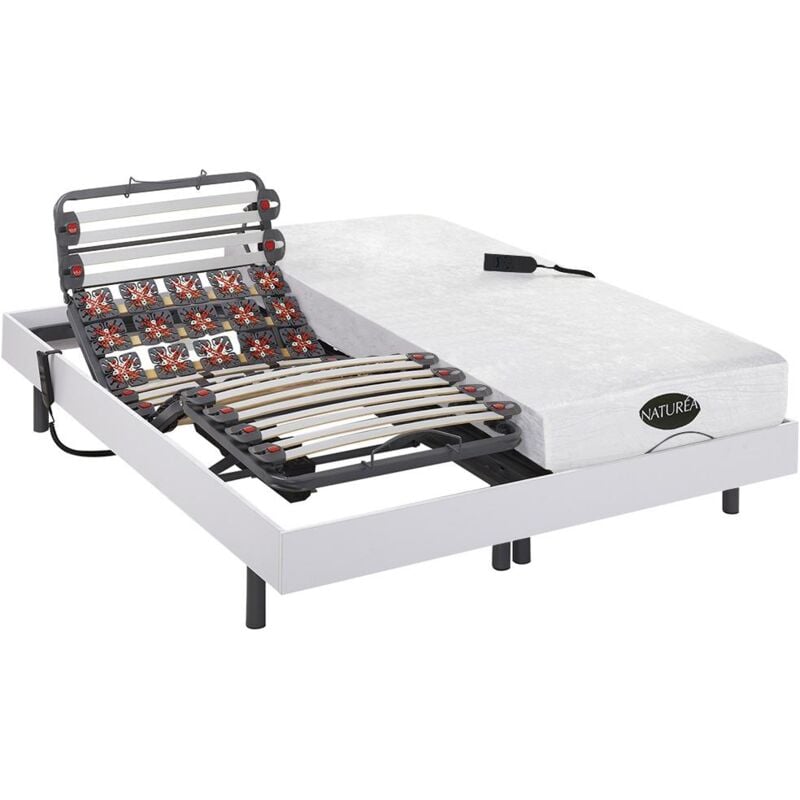 Vente-unique - Lit électrique de relaxation lattes et plots + matelas mémoire de forme et bambou - 2 x 90 x 200 cm - Blanc - damysos de naturea
