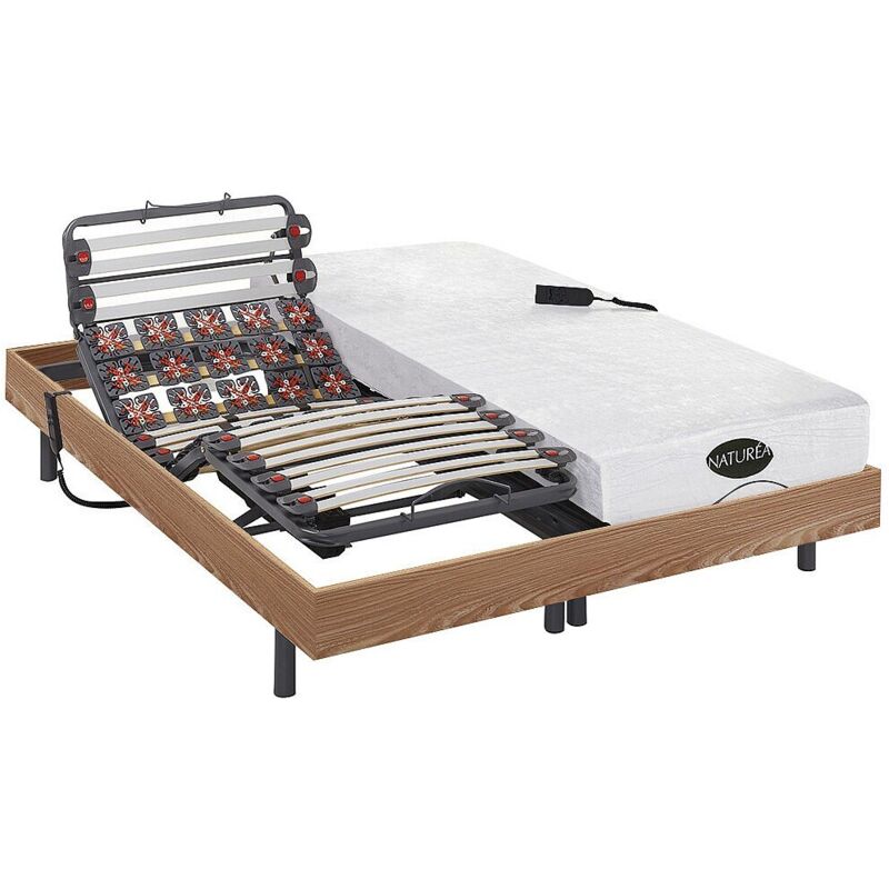Vente-unique - Lit électrique de relaxation lattes et plots + matelas mémoire de forme et bambou - 2 x 90 x 200 cm - Chêne - damysos de naturea