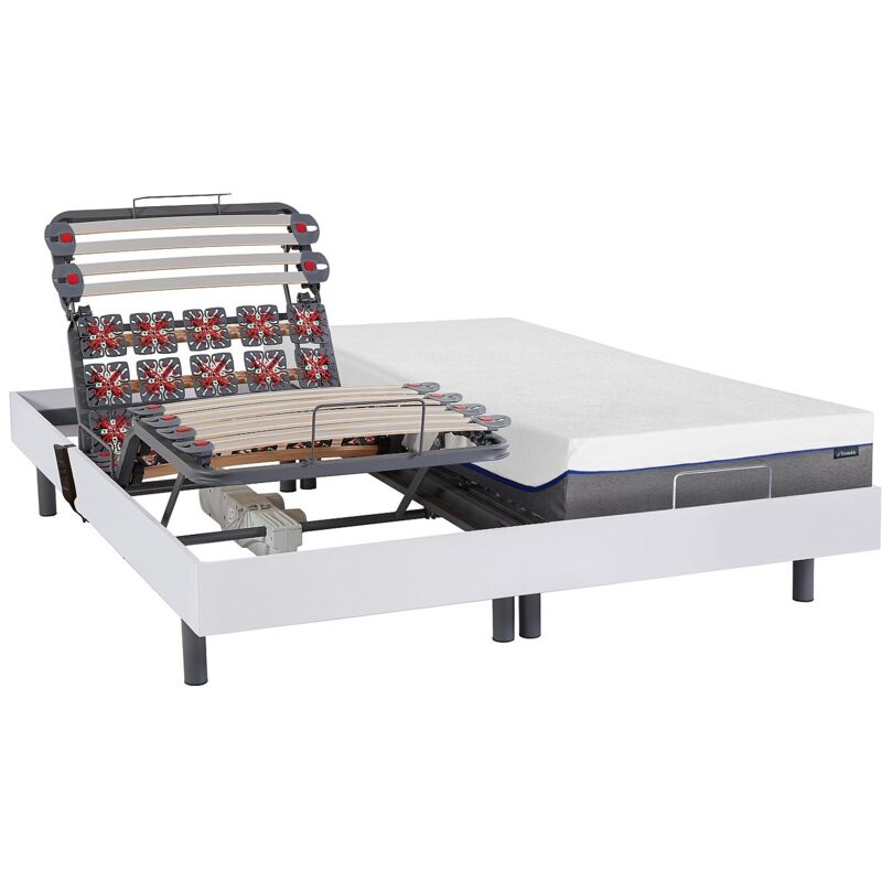 Vente-unique - Lit électrique de relaxation lattes et plots + matelas mémoire de forme - 2 x 80 x 200 cm - Blanc - dionysos de dreamea