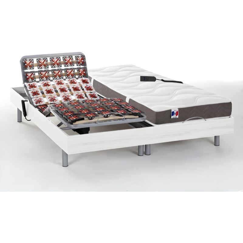 Vente-unique - Lit électrique de relaxation tout plots + matelas 100% latex 3 zones - 2 x 80 x 200 cm - Blanc - jupiter de dreamea