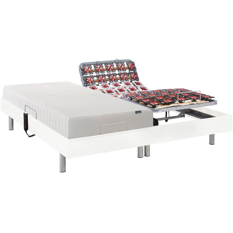 Vente-unique - Lit électrique de relaxation tout plots + matelas accueil latex - 2 x 90 x 200 cm - Blanc - ether de dreamea