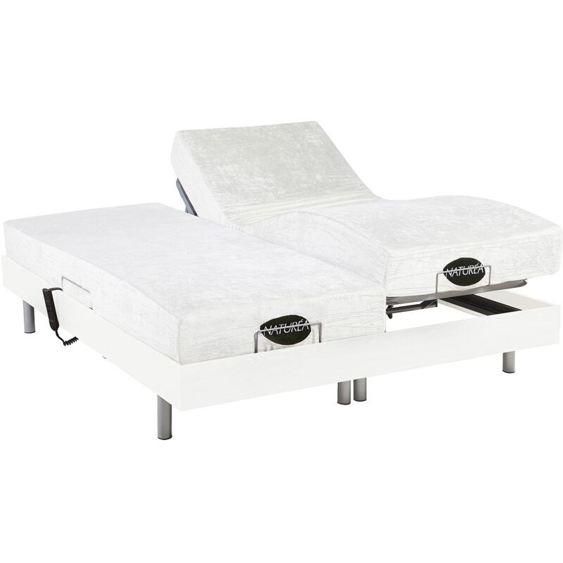 Lit électrique de relaxation tout plots + matelas mémoire de forme et bambou - 2 x 80 x 200 cm - Blanc - LYSIS III de NATUREA