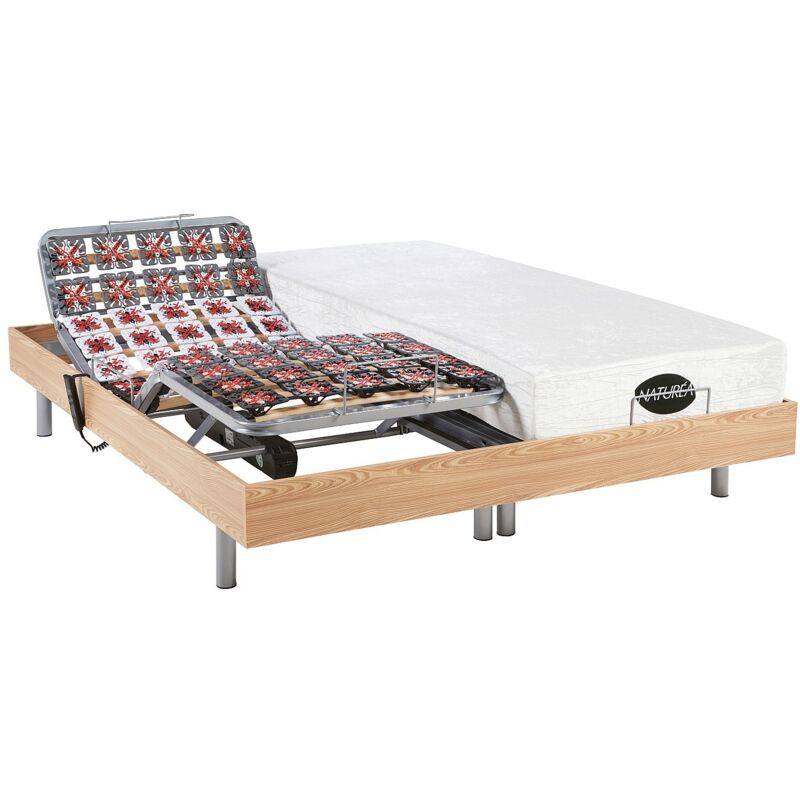 Vente-unique - Lit électrique de relaxation tout plots + matelas mémoire de forme et bambou - 2 x 90 x 200 cm - Chêne - lysis iii de naturea