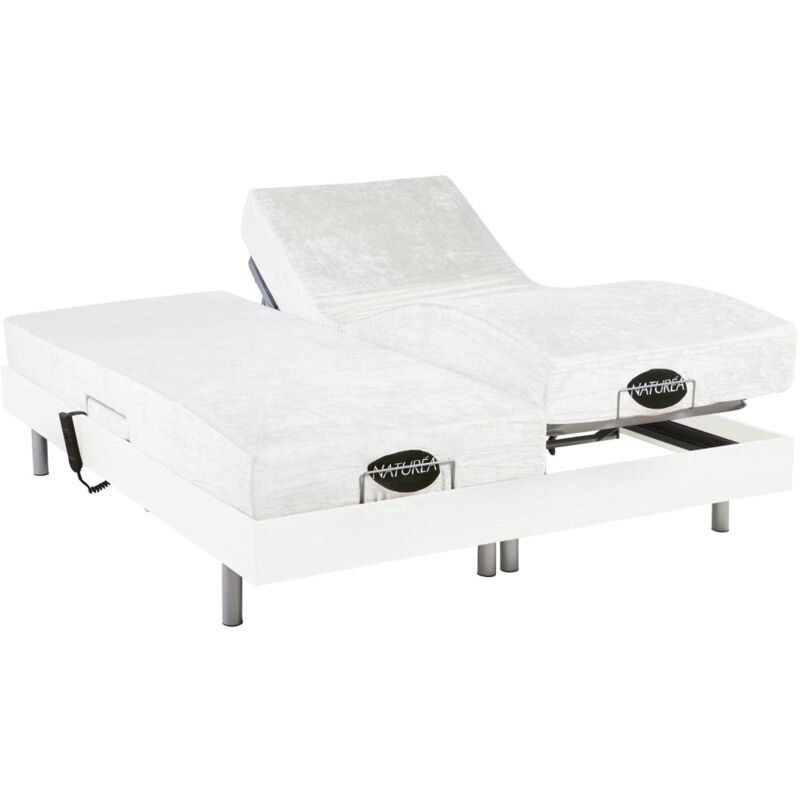 Lit électrique de relaxation tout plots + matelas mémoire de forme et bambou - 2 x 90 x 200 cm - Blanc - LYSIS III de NATUREA
