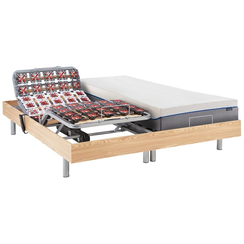 Vente-unique - Lit électrique de relaxation tout plots + matelas mémoire de forme - 2 x 70 x 190 cm - Chêne - hesiode iii de dreamea