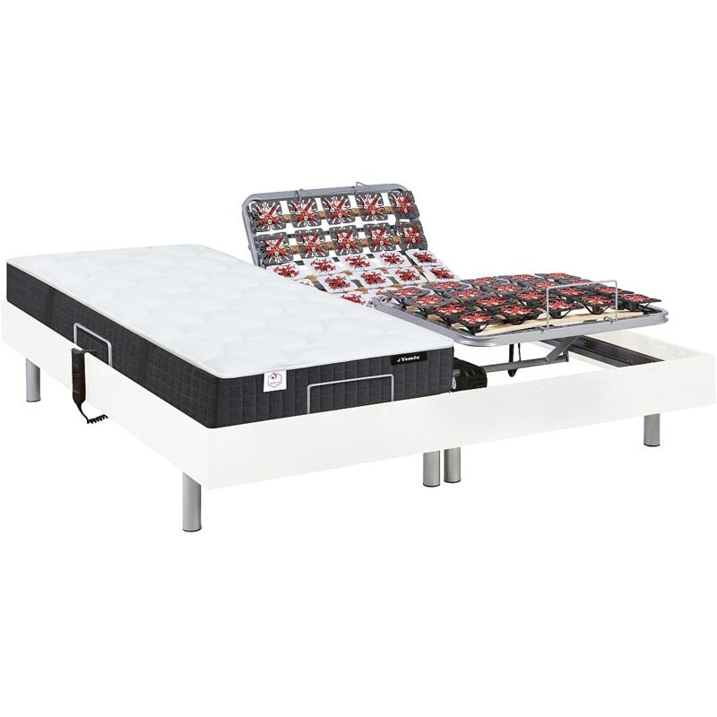 Vente-unique - Lit électrique de relaxation tout plots + matelas ressorts ensachés et mémoire forme - 2 x 80 x 200 cm - Blanc - phanes de dreamea