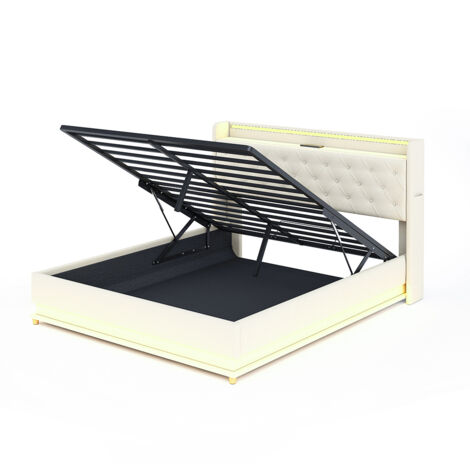 Lit LED Lit rembourré 160X200 cm avec port de recharge USB et support hydraulique, tissu en lin doux pour la peau Beige