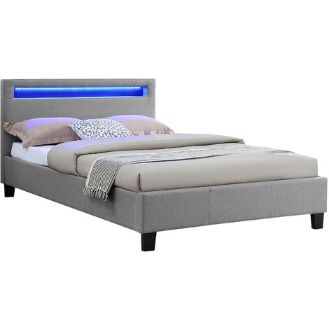 Lit LED simple 120x190 cm avec sommier, tête de lit confortable, lit 1 place revêtement en tissu beige, MARISELA - Beige