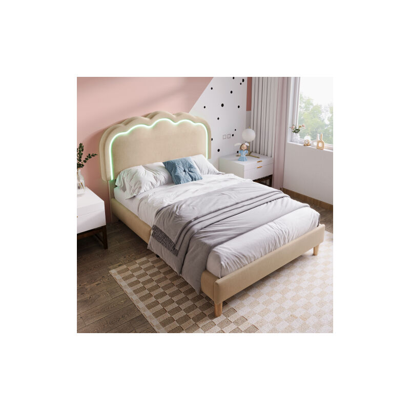 Lit LED simple 90 x 200 cm, cadre de lit avec sommier à lattes et tête de lit réglable, lit rembourré en beige, cadre de lit pour lit d'adolescent