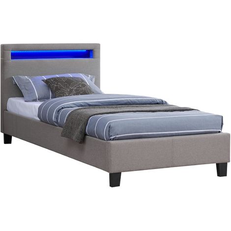 Lit LED simple 90x190 cm avec sommier, tête de lit confortable, lit 1 place revêtement en tissu gris, MOLINA